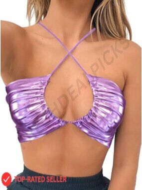 Metallic Sequin Crop Tank Top Halter Rave Festival Party Sparkly V-Neck